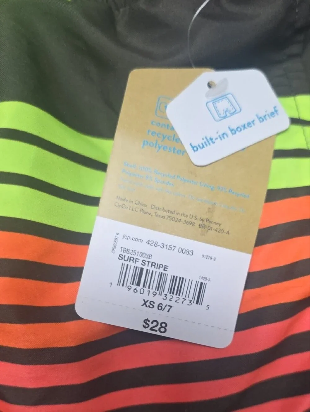 Boys Neon Stripe Swim Trunks - Green with Neon Yellow, Orange & Blue